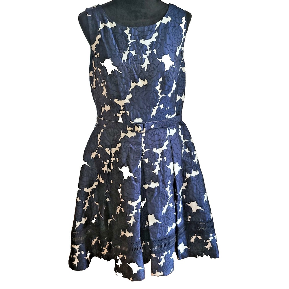 Eliza J Blue Black Fit Flare Preppy Sleeveless Lined Dress Waistbelt Jacquard 14